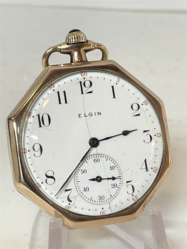 Elgin 12Size Pocket Watch  Yellow GoldFilled Octagon Case  Clean &  Running  4-4 Time