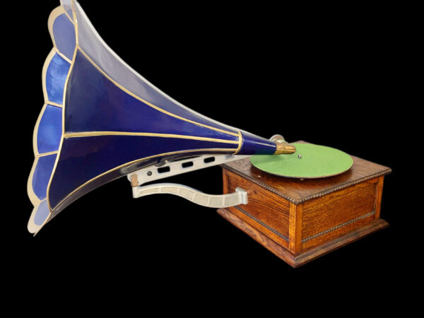 Antique Columbia “BA” Front-Mount Disc Phonograph with Blue Petal Horn – Early 1900s Vintage Record Player - Image 2