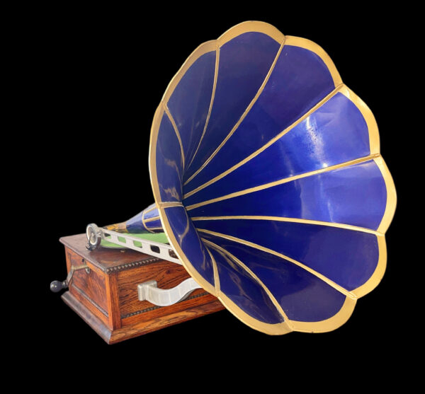 Antique Columbia “BA” Front-Mount Disc Phonograph with Blue Petal Horn – Early 1900s Vintage Record Player - Image 9