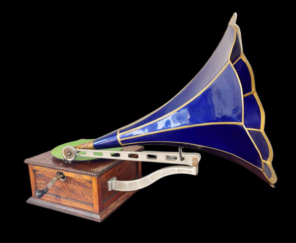 Antique Columbia “BA” Front-Mount Disc Phonograph with Blue Petal Horn – Early 1900s Vintage Record Player - Image 6