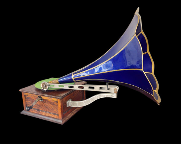 Antique Columbia “BA” Front-Mount Disc Phonograph with Blue Petal Horn – Early 1900s Vintage Record Player - Image 10