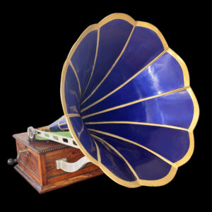 Antique Columbia “BA” Front-Mount Disc Phonograph with Blue Petal Horn – Early 1900s Vintage Record Player