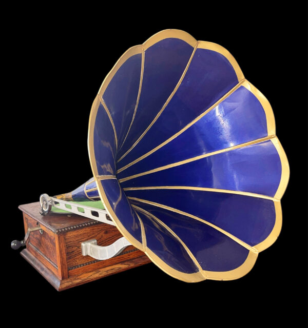 Antique Columbia “BA” Front-Mount Disc Phonograph with Blue Petal Horn – Early 1900s Vintage Record Player