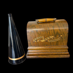 Restored Early Edison GEM Phonograph in Green Oak – Banner Front Model with Funnel Horn